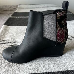 Toms Black Wedge Ankle Boot with Floral Tapestry Heel